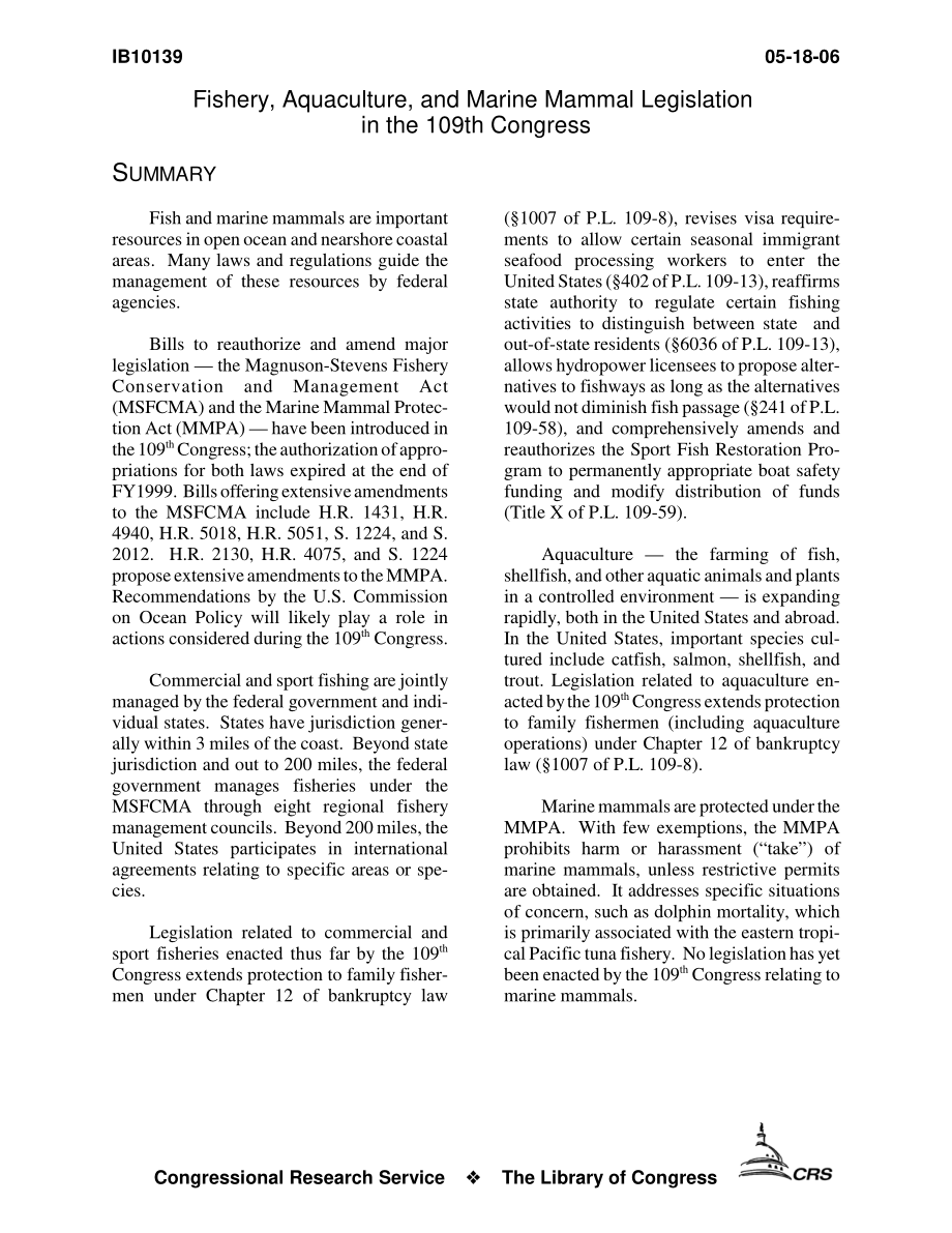 [20060518]IB10139_第109届国会渔业、水产养殖和海洋哺乳动物立法.pdf_第3页