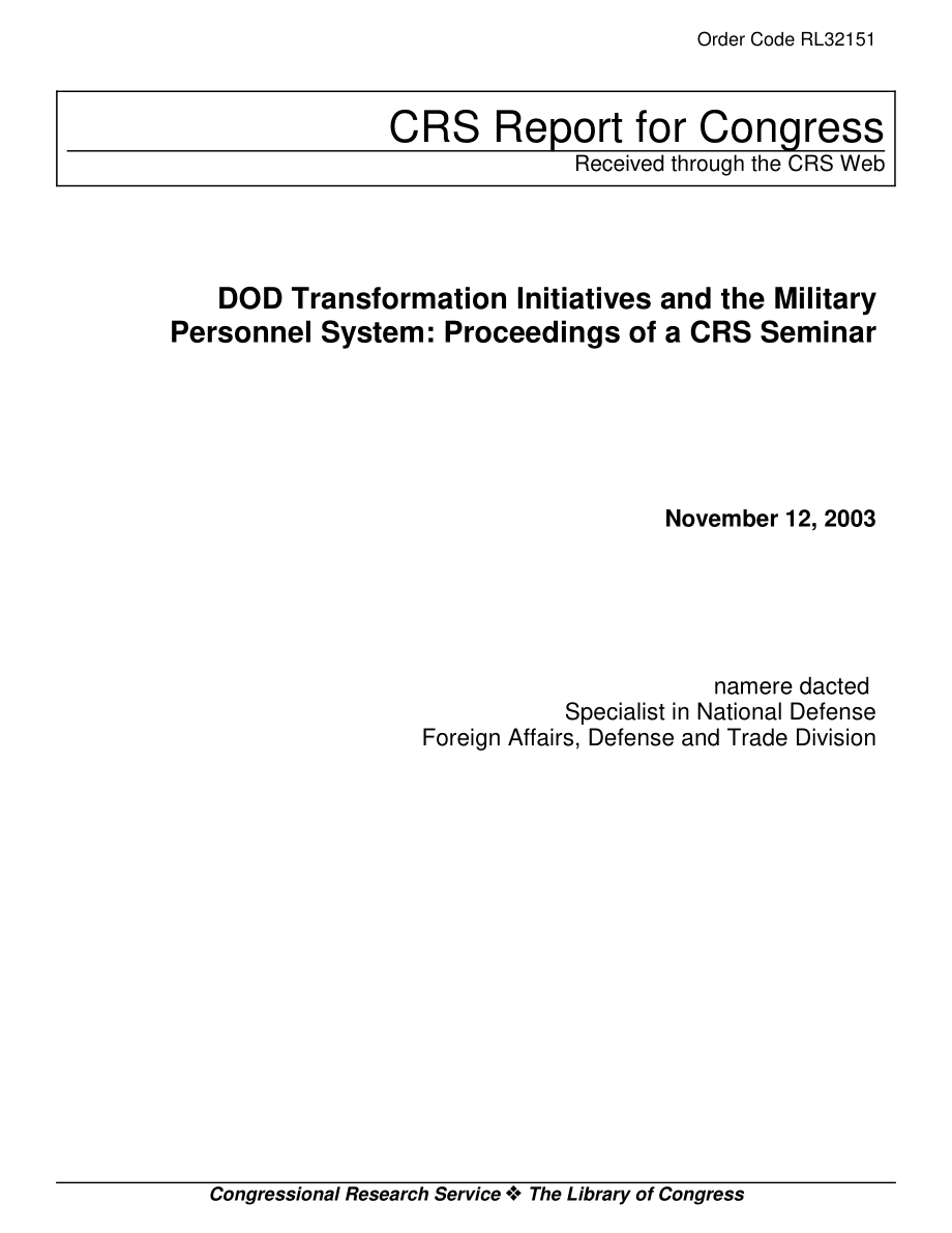 [20031112]RL32151_国防部转型计划和军事人事系统：CRS研讨会记录.pdf_第1页