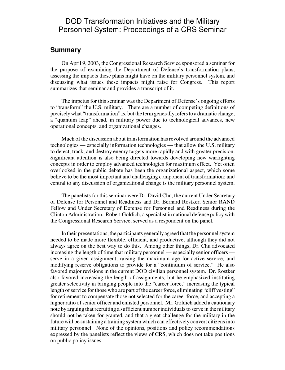 [20031112]RL32151_国防部转型计划和军事人事系统：CRS研讨会记录.pdf_第2页