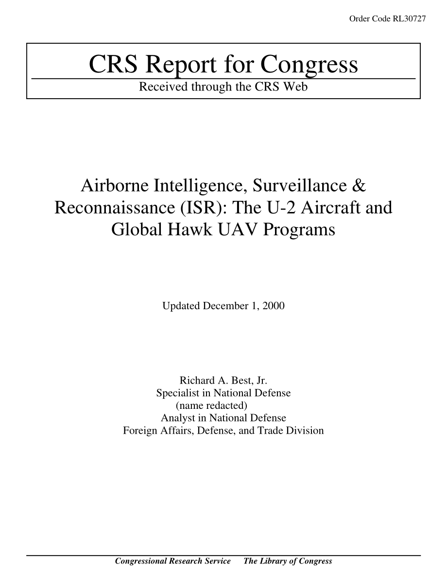 [20001201]RL30727_机载情报、监视和侦察（ISR）：U-2飞机和全球鹰无人机项目.pdf_第1页