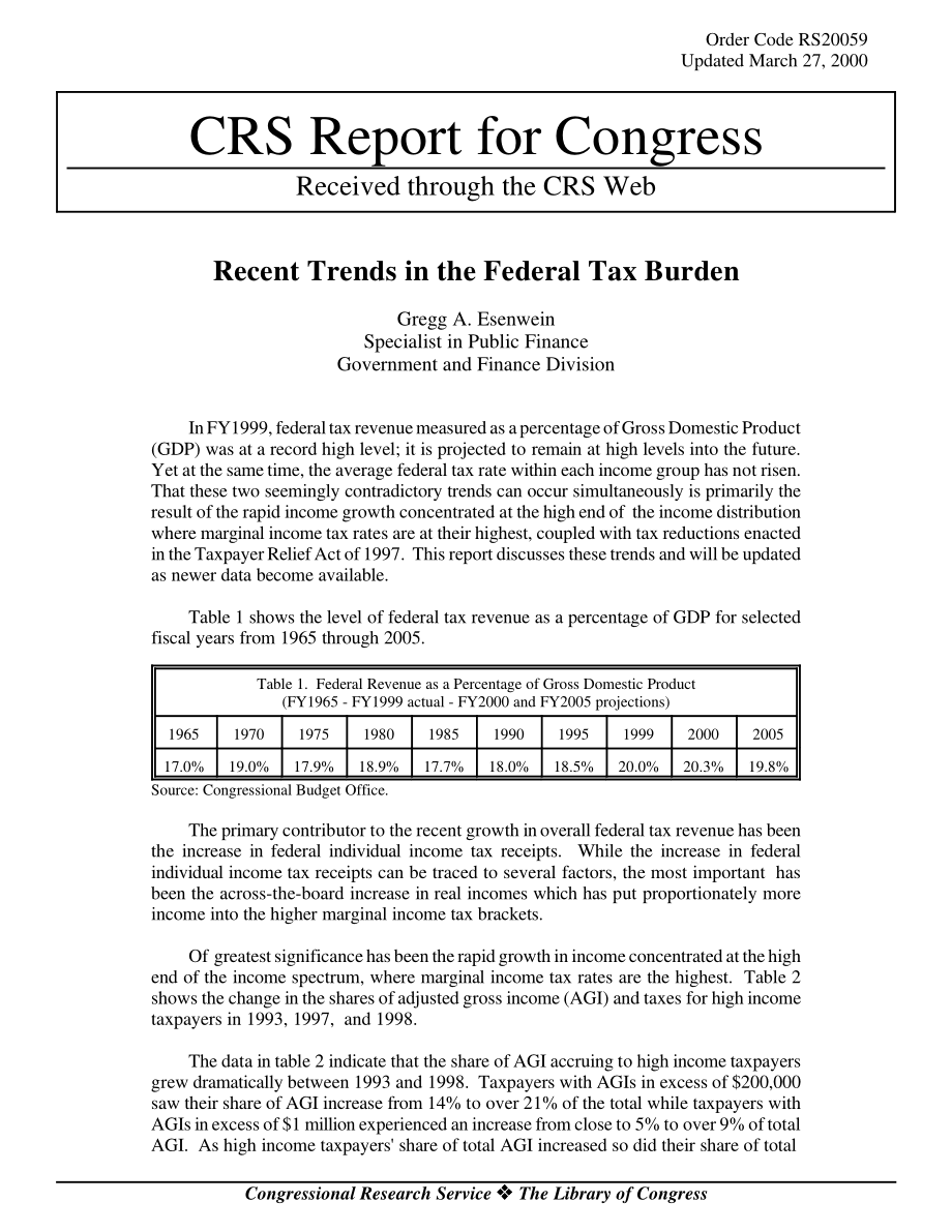 [20000327]RS20059_联邦税收负担的近期趋势.pdf_第1页
