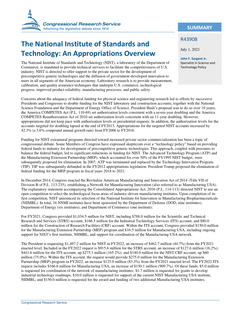 [20210701]R43908_国家标准与技术研究所：拨款概述.pdf_第2页