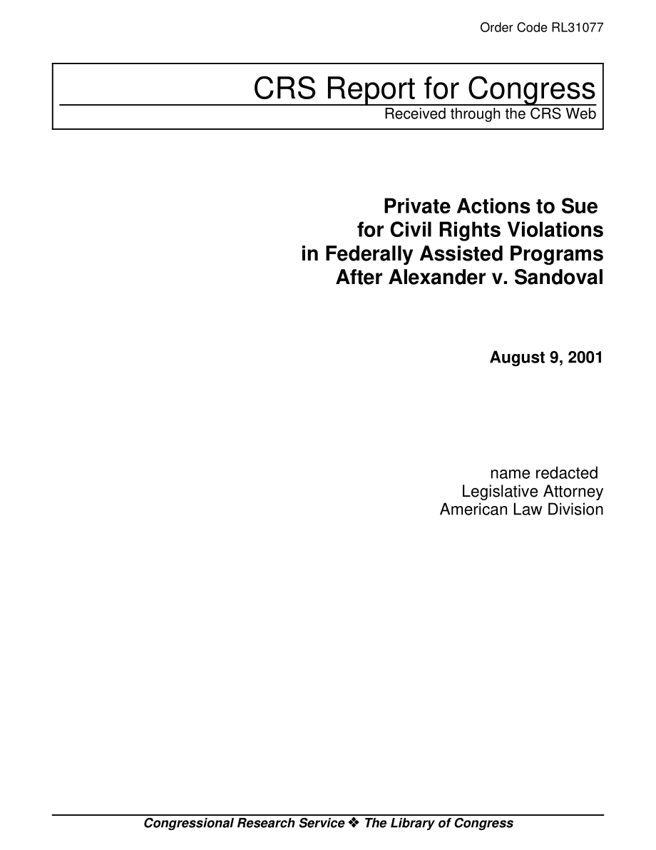 [20010809]RL31077_亚历山大诉桑多瓦尔（Alexanderv.Sandoval）案后针对联邦援助项目中侵犯民权的私人诉讼.pdf_第1页