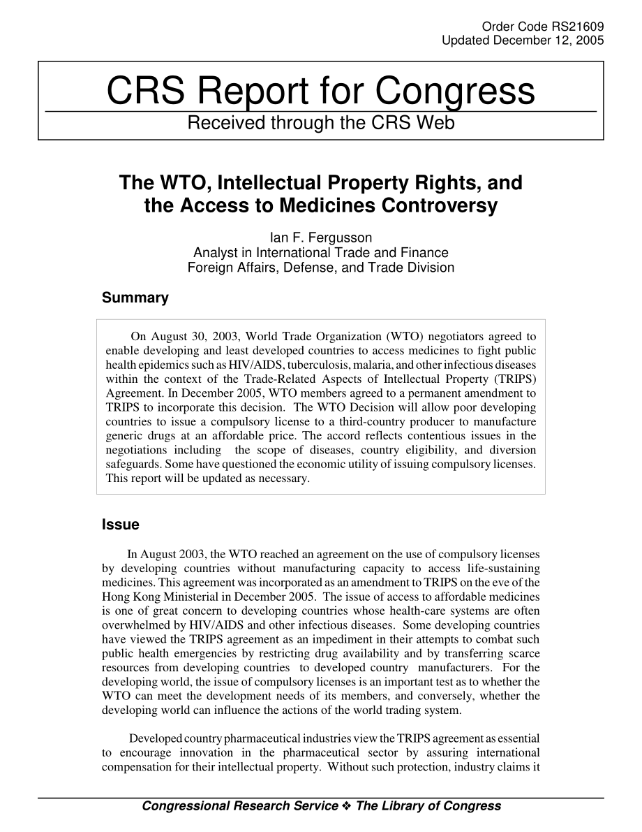[20051212]RS21609_WTO、知识产权和药品准入争议.pdf_第1页