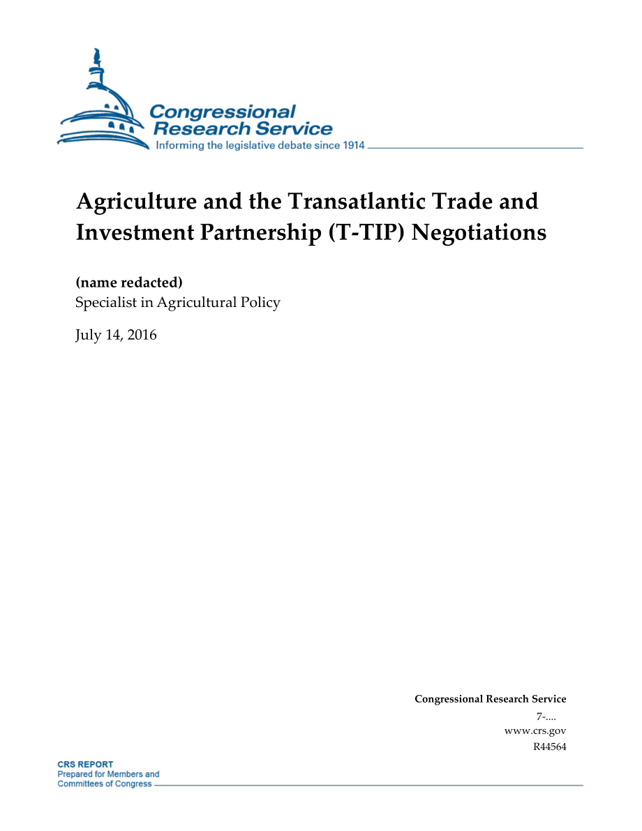 [20160714]R44564_农业与跨大西洋贸易和投资伙伴关系（T-TIP）谈判.pdf_第1页