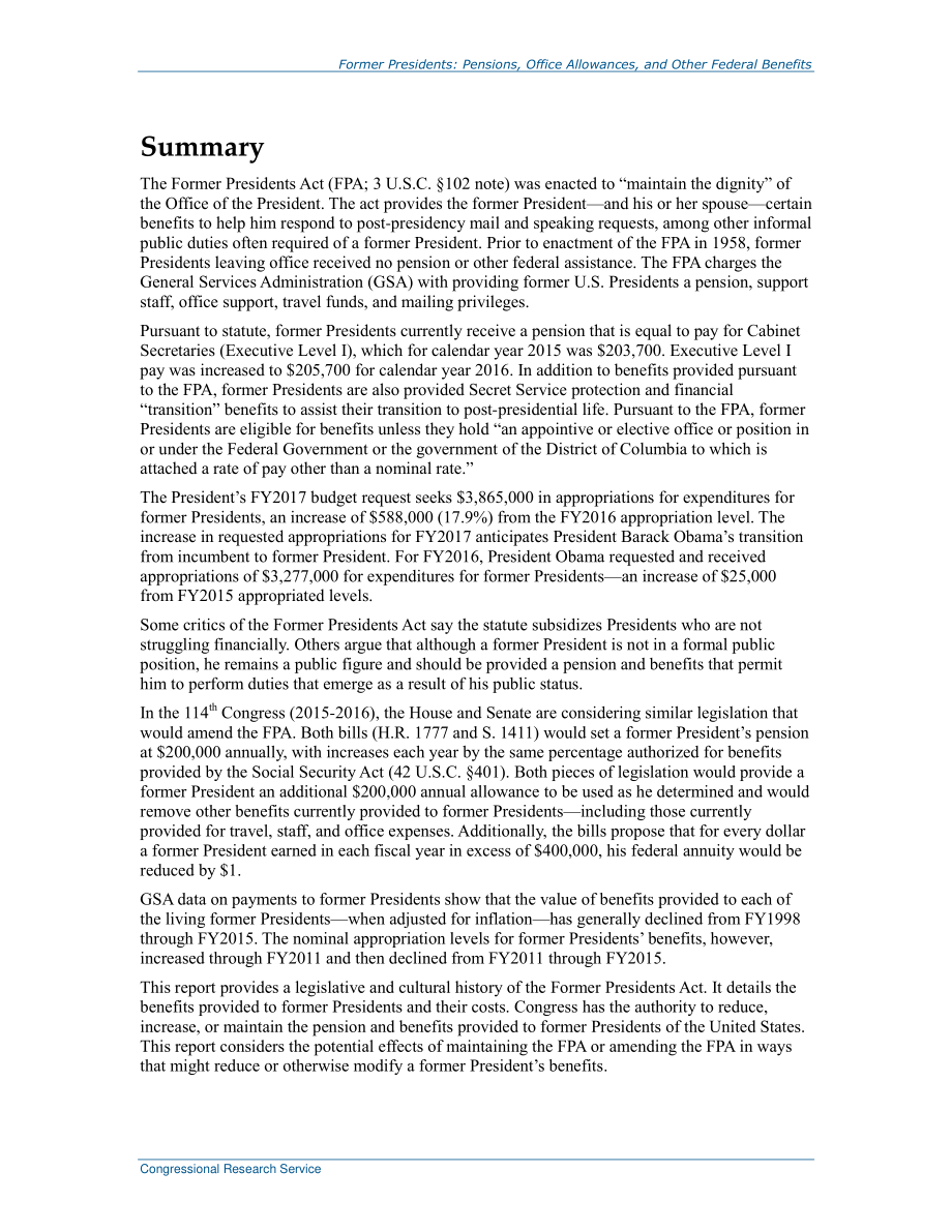 [20160316]RL34631_前任总统：养老金、办公室津贴和其他联邦福利.pdf_第2页
