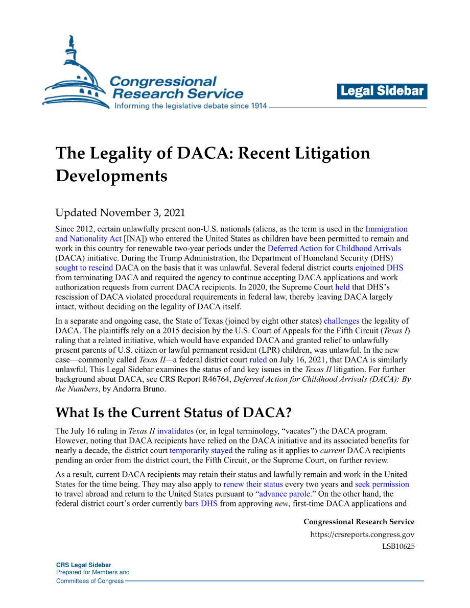 [20211103]LSB10625_DACA的合法性：近期诉讼发展.pdf_第1页