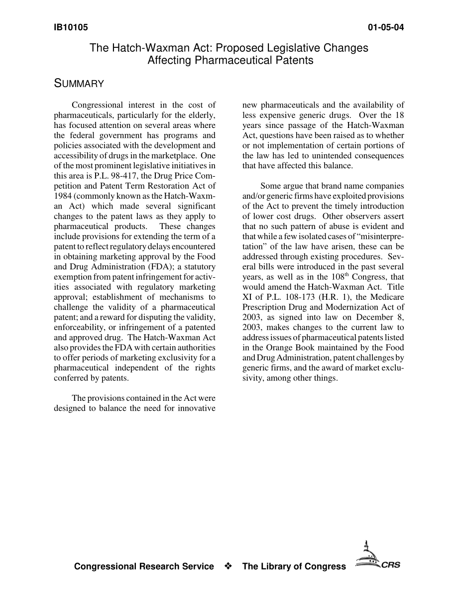 [20040105]IB10105_哈奇-瓦克斯曼法案：影响药品专利的拟议立法修改.pdf_第3页