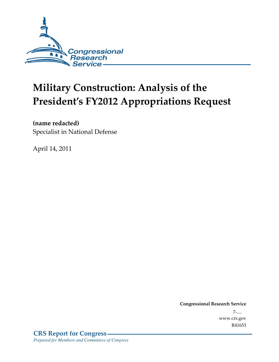 [20110414]R41653_军事建设：总统2012财年拨款请求分析.pdf_第1页