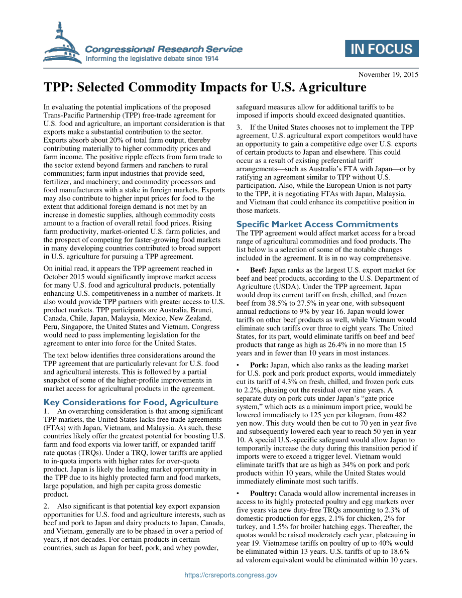 [20151119]IF10326_TPP：选定商品对美国农业的影响.pdf_第1页