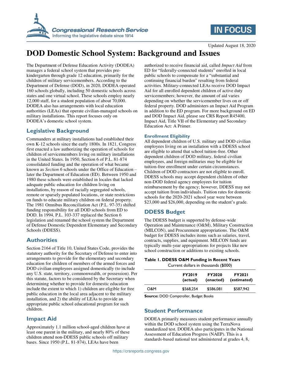 [20200818]IF10335_国防部国内学校系统：背景和问题.pdf_第1页