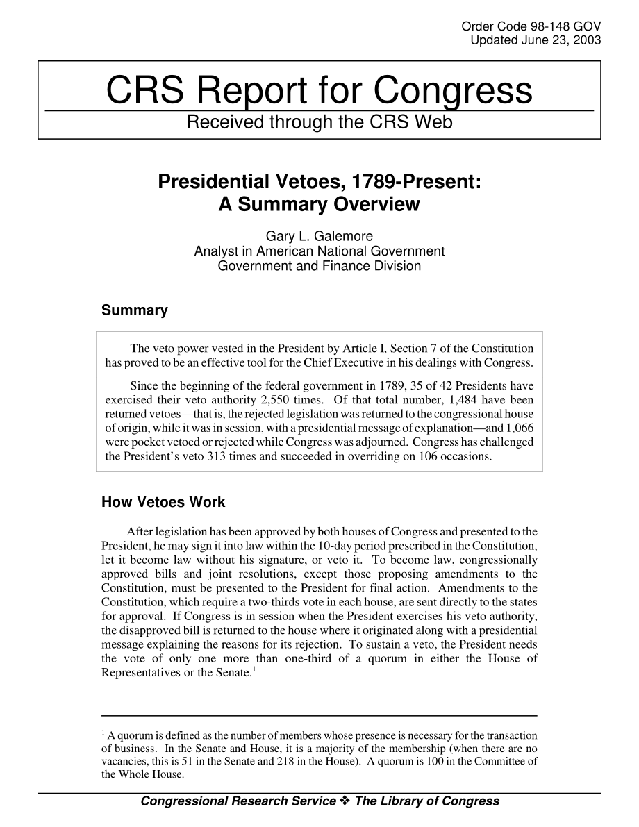[20030623]98-148GOV_1789年至今的总统否决：摘要概述.pdf_第1页