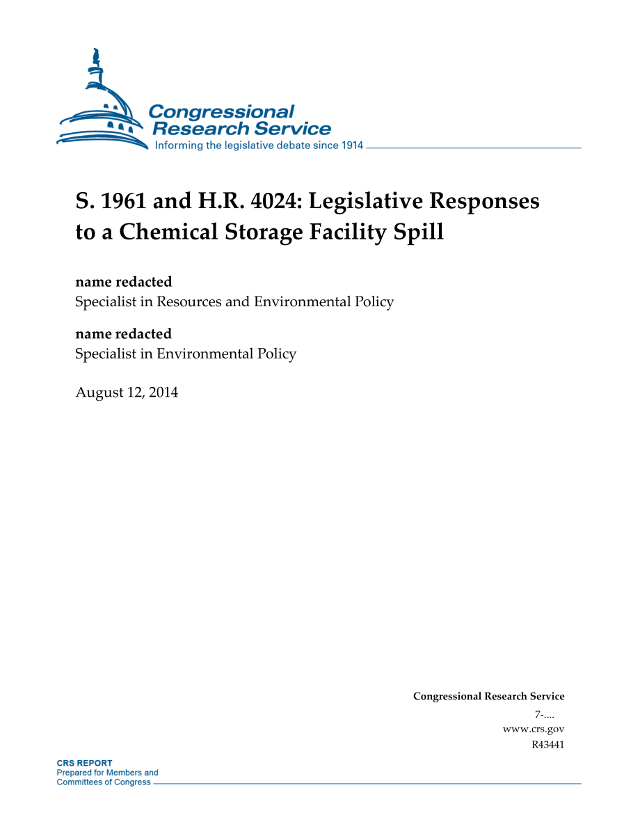 [20140812]R43441_S、 1961年和H.R.4024 化学品储存设施泄漏的立法回应.pdf_第1页