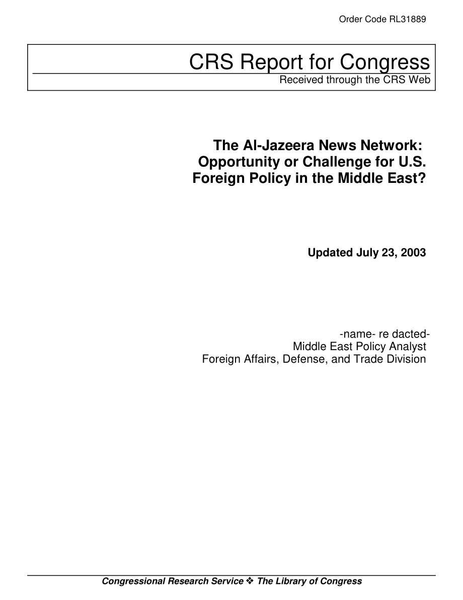 [20030723]RL31889_半岛电视台新闻网：美国中东外交政策的机遇还是挑战？.pdf_第1页