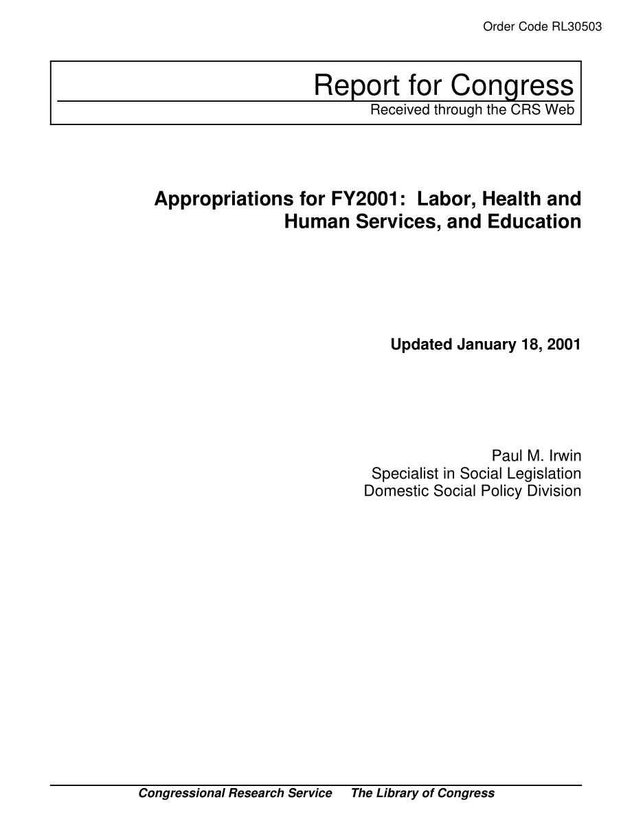[20010118]RL30503_2001财年拨款：劳动、卫生和公共服务以及教育.pdf_第1页