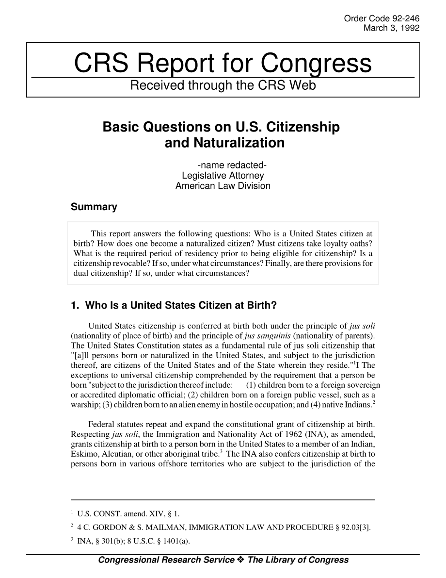 [19920303]92-246_关于美国公民身份和入籍的基本问题.pdf_第1页