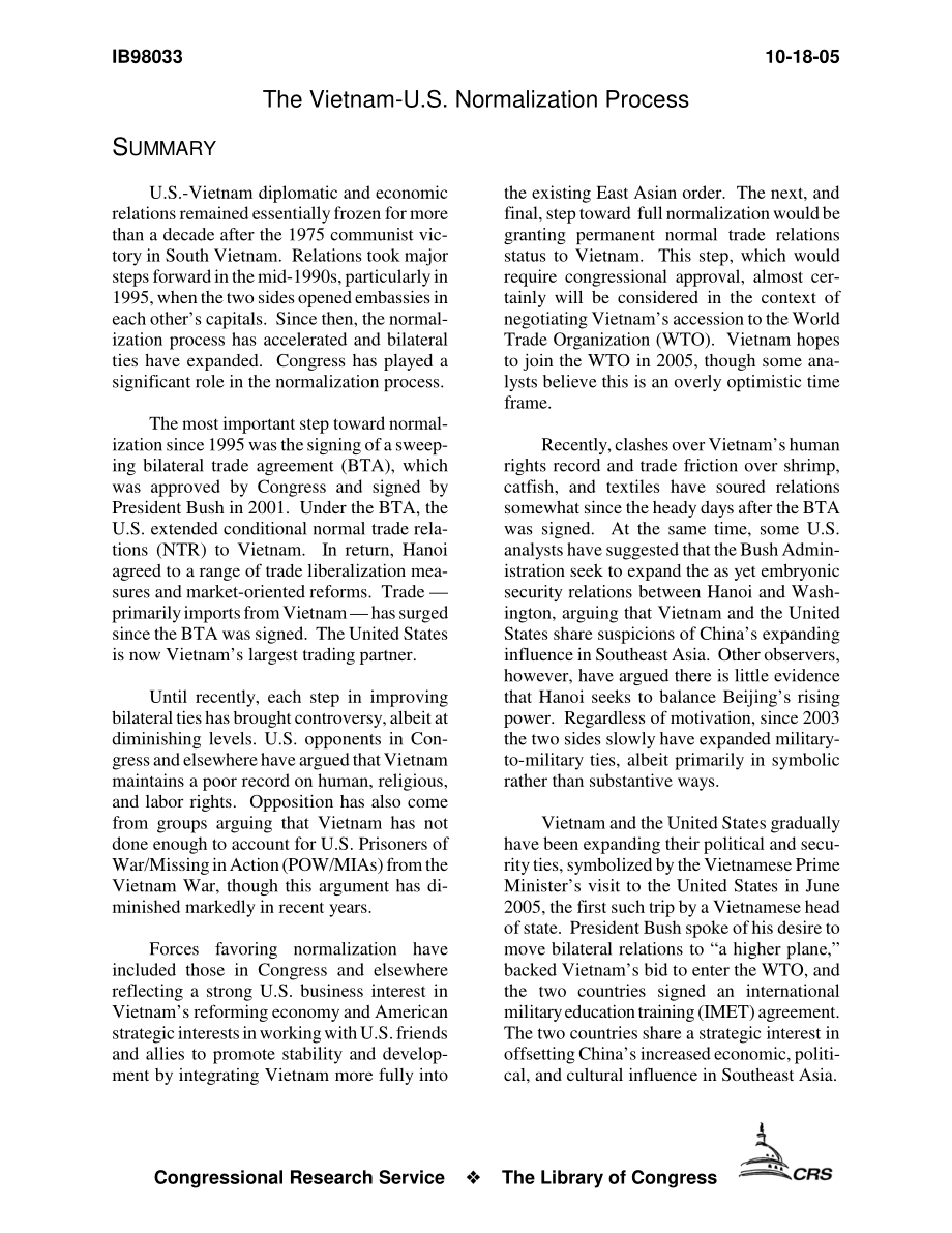 [20051018]IB98033_越南-美国关系正常化进程.pdf_第3页