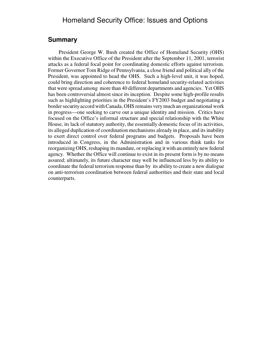 [20020520]RL31421_国土安全办公室：问题和选择.pdf_第2页