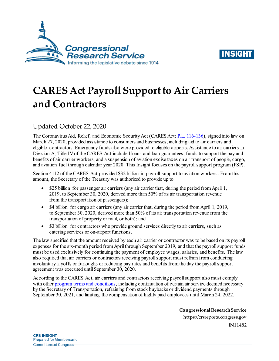 [20201022]IN11482_CARES法案为航空公司和承包商提供工资支持.pdf_第1页