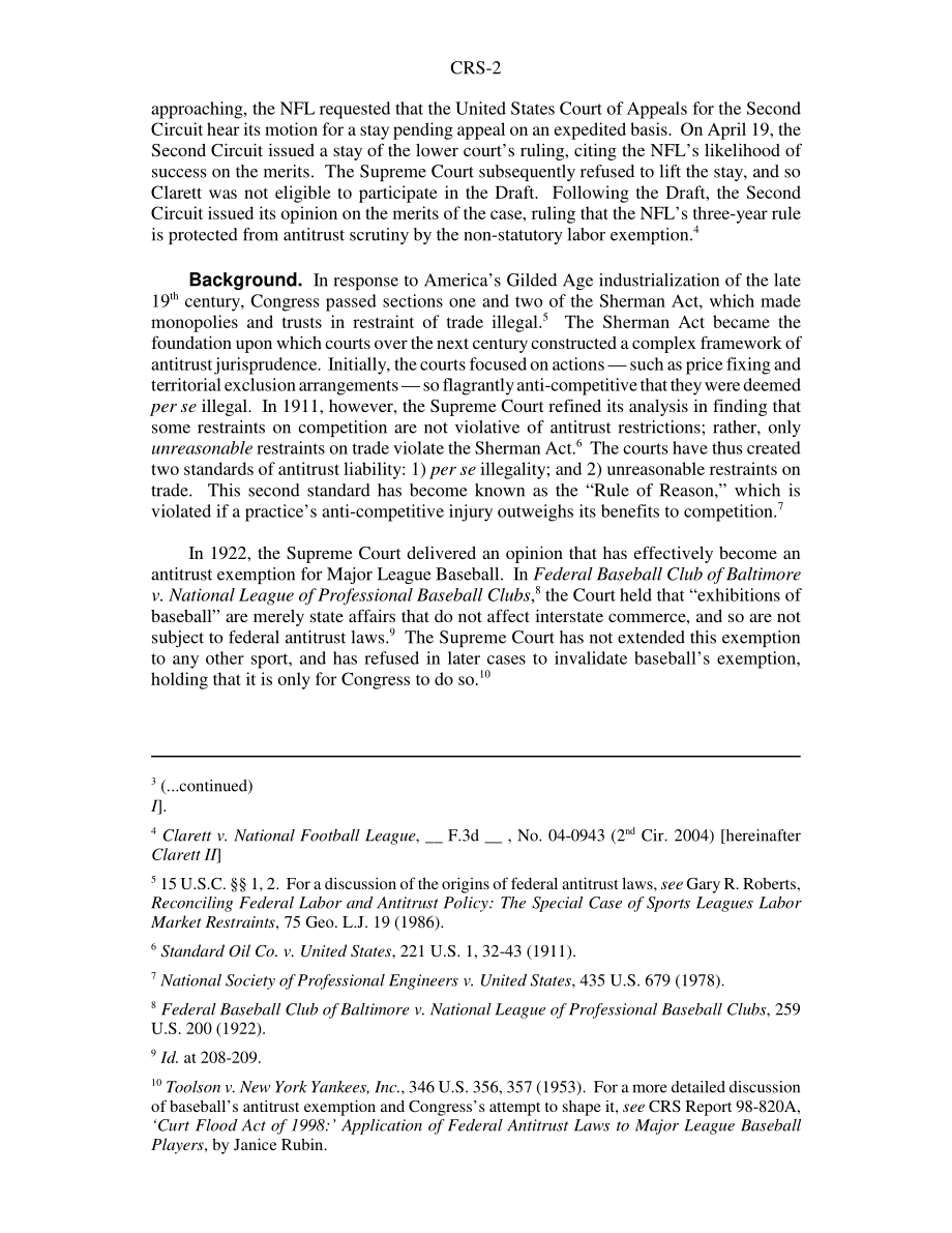 [20040622]RS21869_克莱特诉国家足球联盟案与反垄断诉讼中的非法定劳工豁免.pdf_第2页