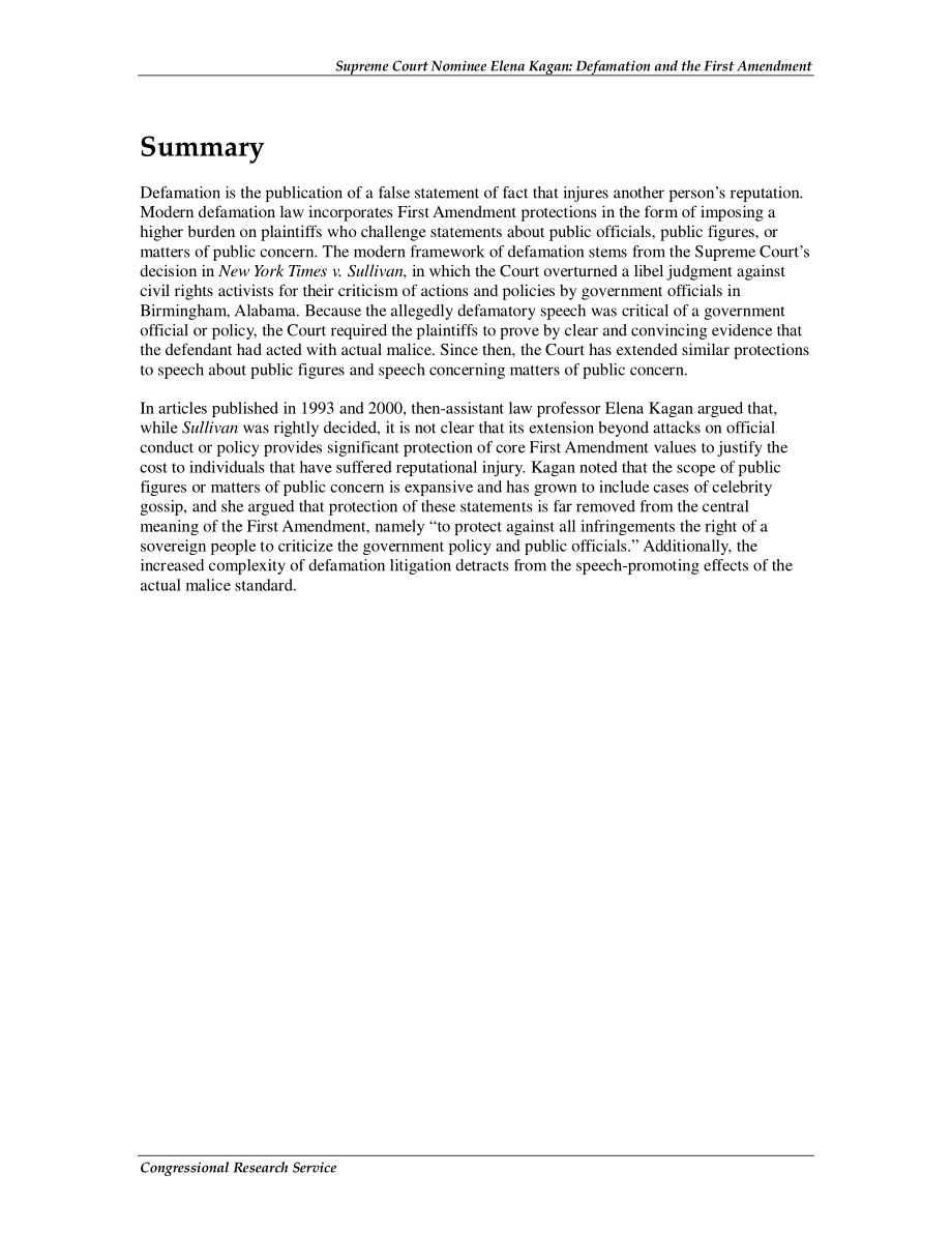 [20100610]R41281_最高法院提名人Elena Kagan：诽谤和第一修正案.pdf_第2页