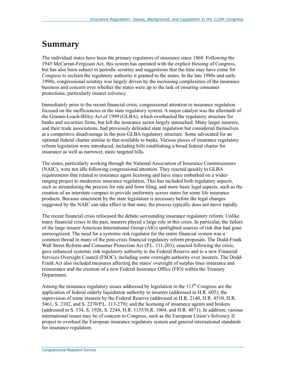 [20150102]R43067_保险监管：第113届国会的议题、背景和立法.pdf_第2页
