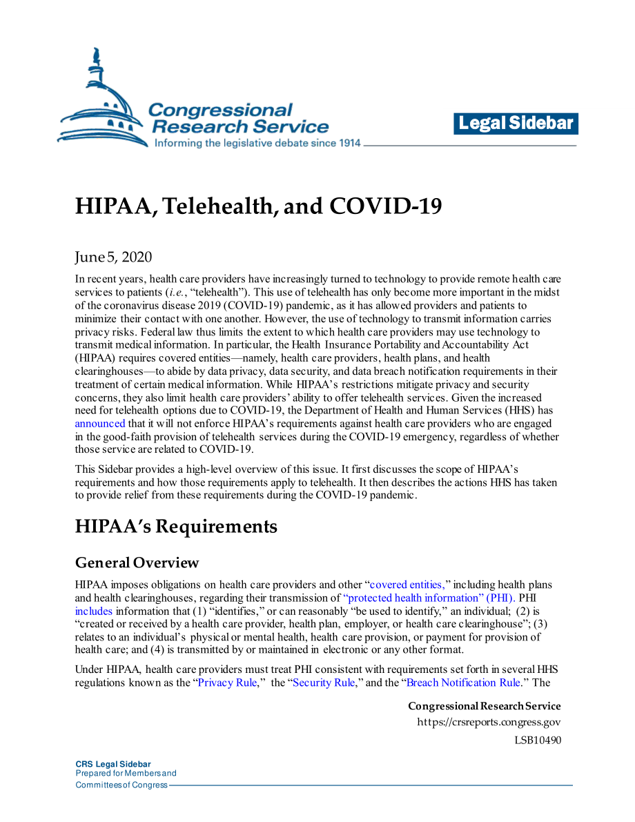 [20200605]LSB10490_HIPAA、远程健康和2019冠状病毒疾病.pdf_第1页