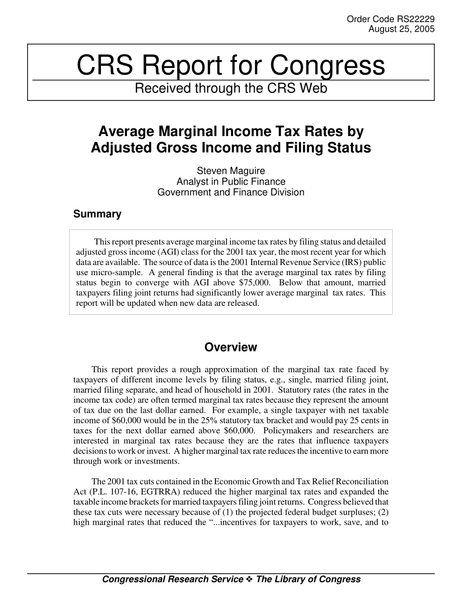 [20050825]RS22229_按调整后总收入和申报状态列出的平均边际所得税税率.pdf_第1页