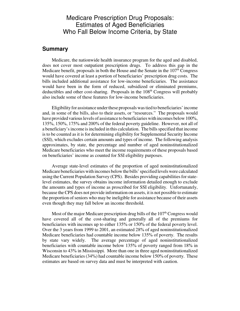 [20030211]RL31736_医疗保险处方药提案：各州低于收入标准的老年受益人估计数.pdf_第2页