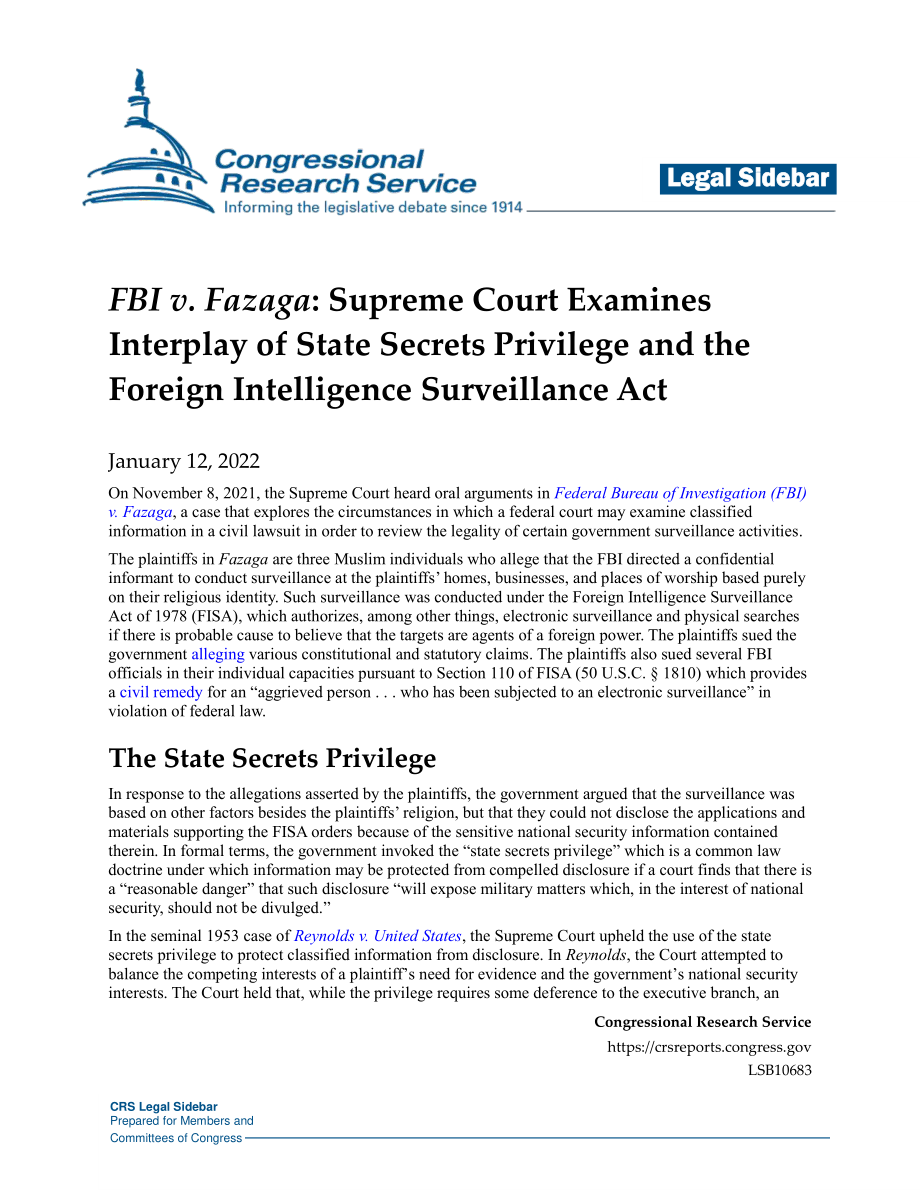 [20220112]LSB10683_FBI诉Fazaga：最高法院审查国家机密特权和《外国情报监视法》的相互作用.pdf_第1页