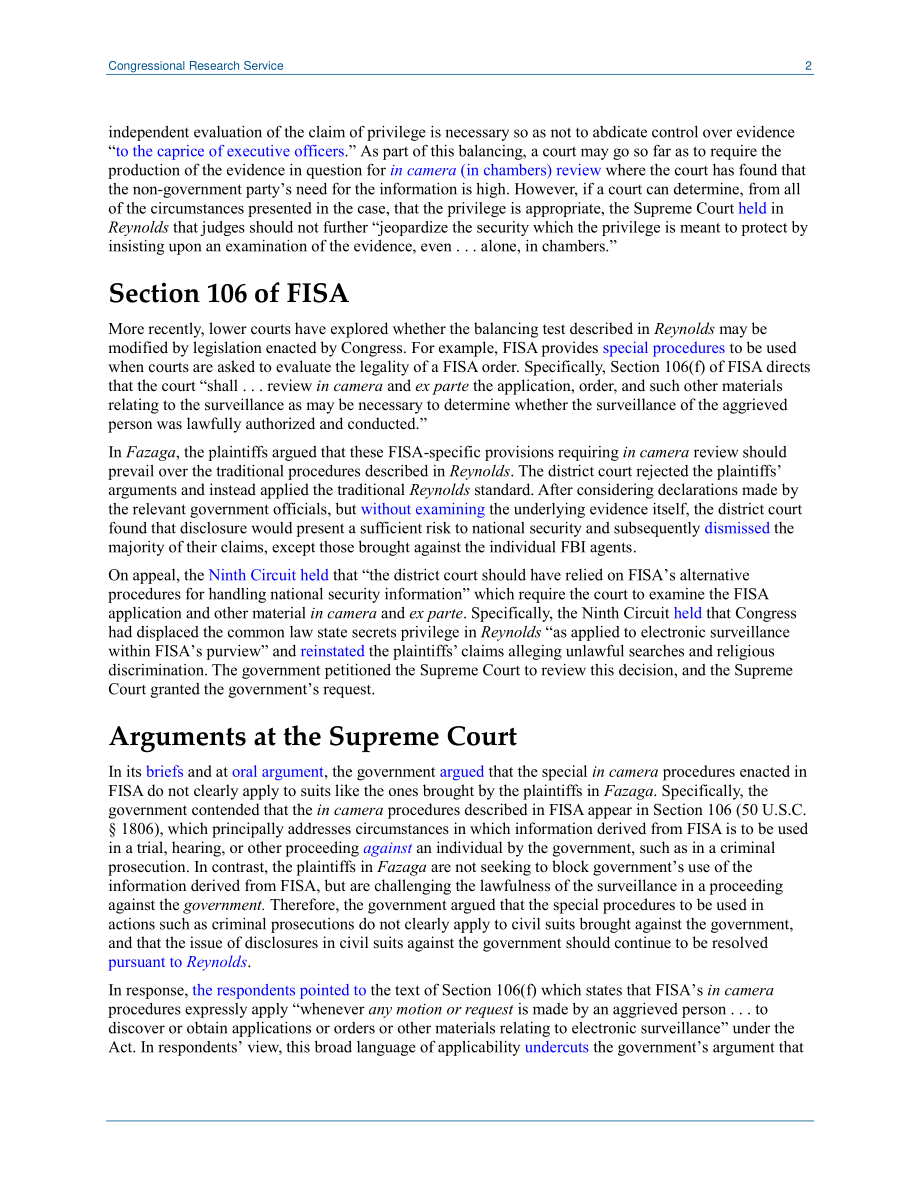 [20220112]LSB10683_FBI诉Fazaga：最高法院审查国家机密特权和《外国情报监视法》的相互作用.pdf_第2页