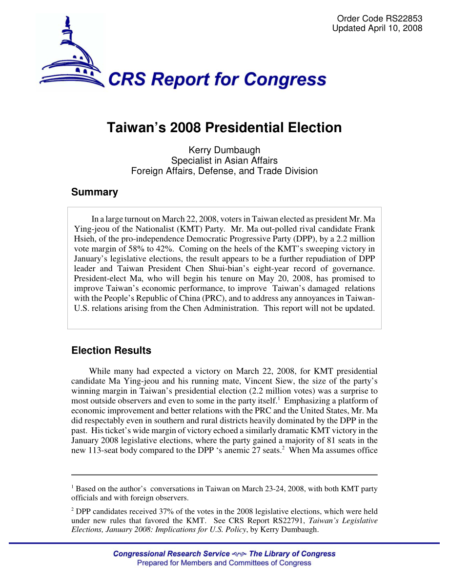 [20080410]RS22853_台湾2008年总统大选.pdf_第1页