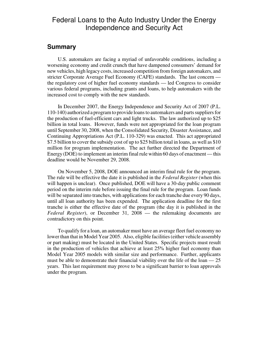 [20081113]RL34743_根据《能源独立和安全法案》向汽车行业提供的联邦贷款.pdf_第2页