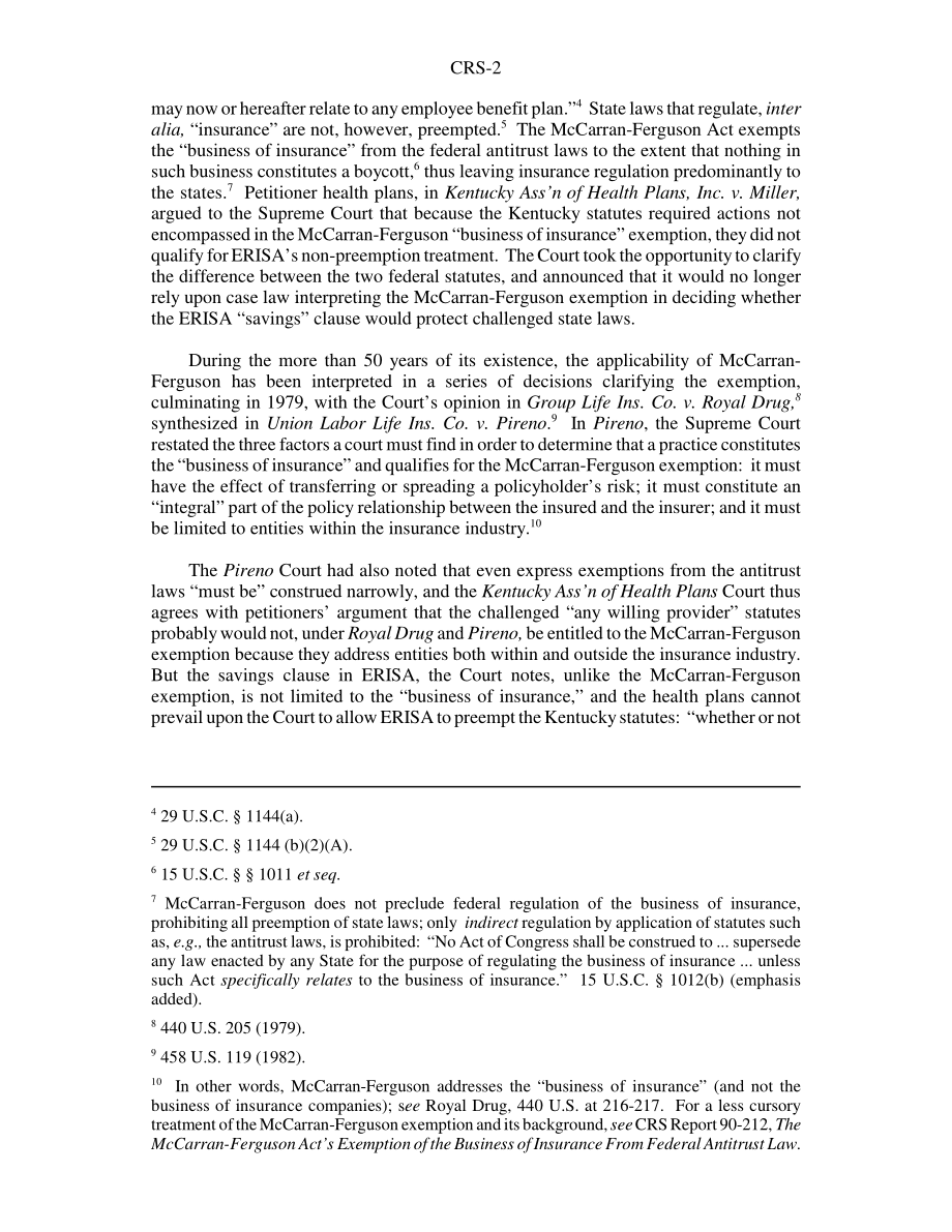 [20050106]RS21497_协调McCarran Ferguson（保险）判例法和ERISA优先购买权：肯塔基州健康计划协会诉米勒.pdf_第2页