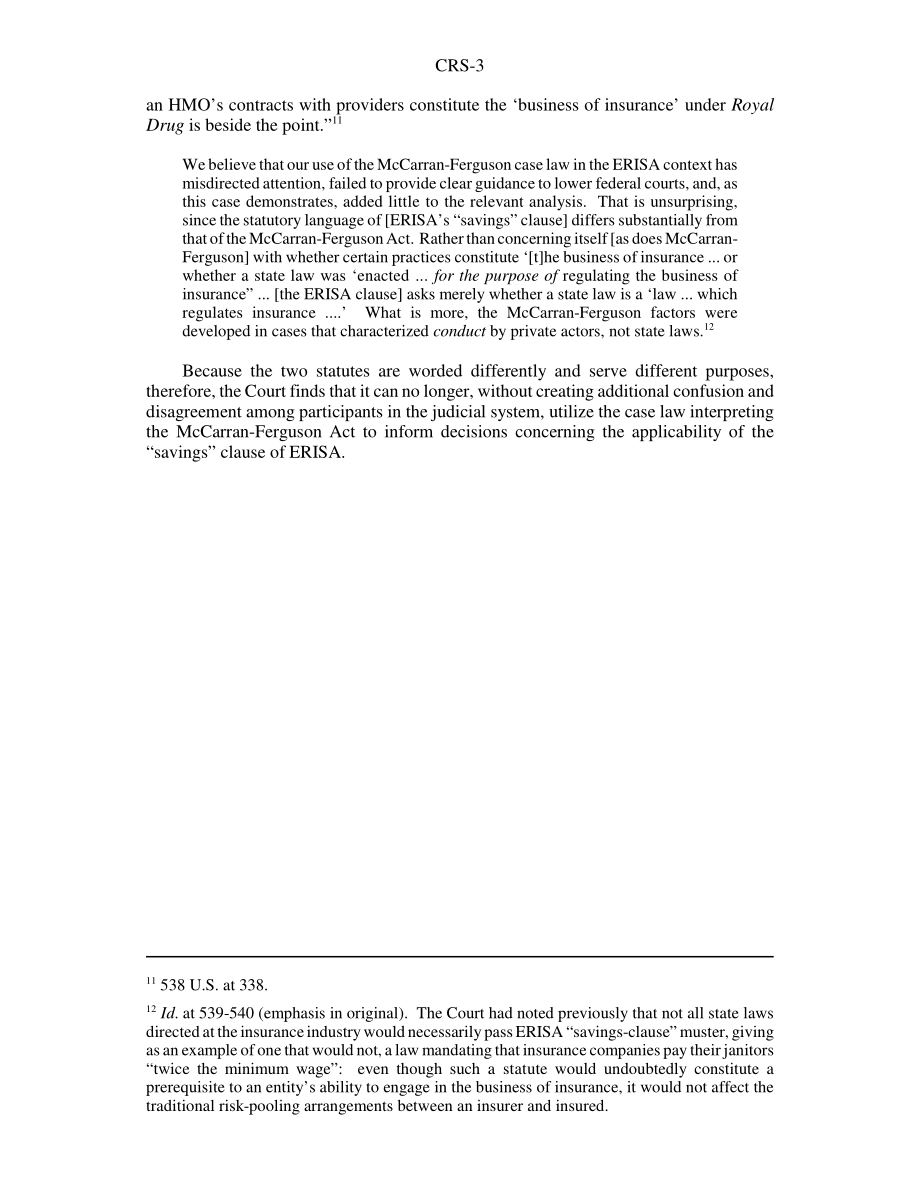[20050106]RS21497_协调McCarran Ferguson（保险）判例法和ERISA优先购买权：肯塔基州健康计划协会诉米勒.pdf_第3页