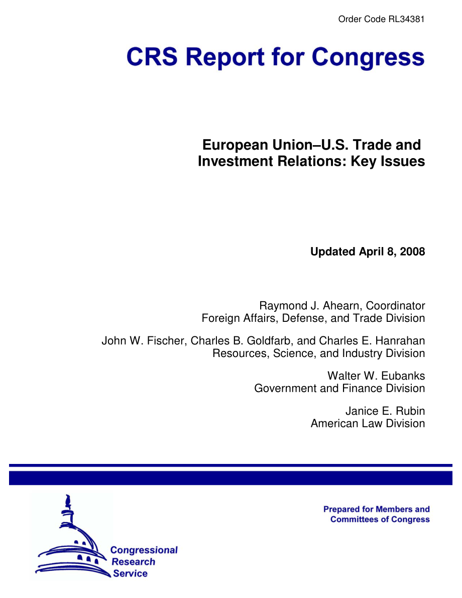 [20080408]RL34381_欧盟-美国贸易和投资关系：关键问题.pdf_第1页