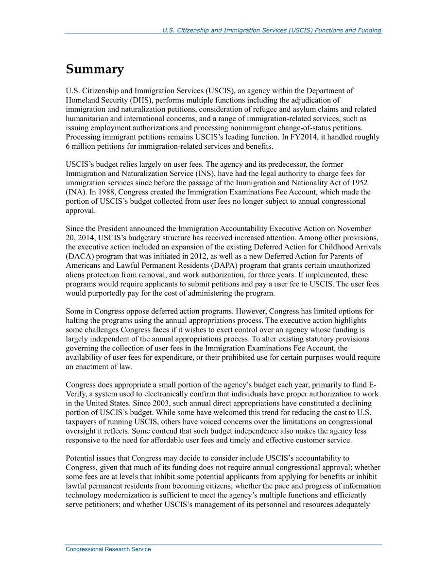 [20150515]R44038_美国公民和移民服务局（USCIS）的职能和资金.pdf_第2页