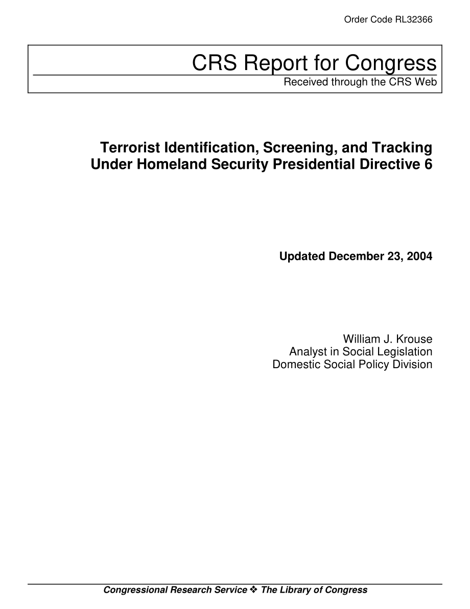 [20041223]RL32366_根据国土安全总统指令6识别、筛选和追踪恐怖分子.pdf_第1页