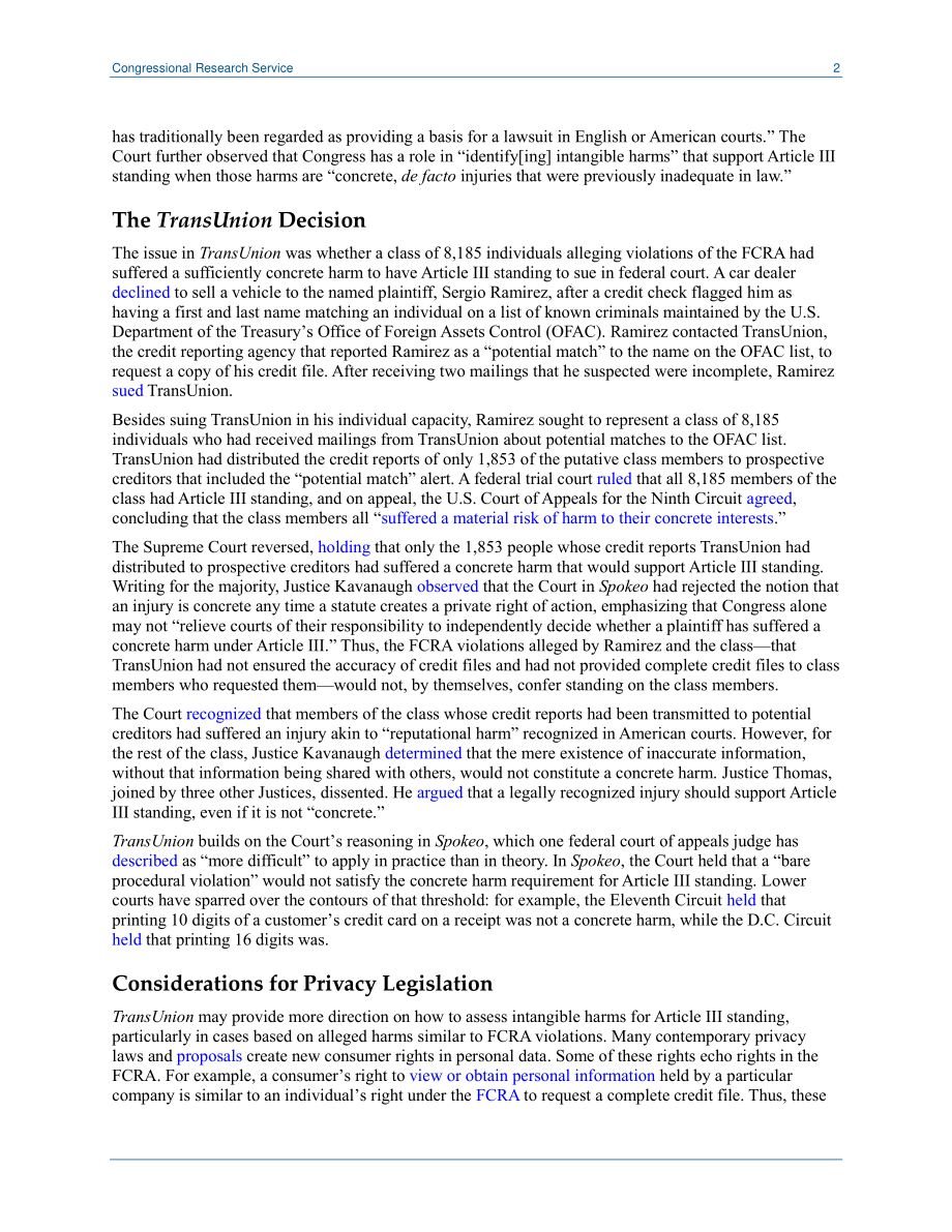 [20210722]LSB10629_隐私法和私人诉讼权：TransUnion诉Ramirez案后的立场.pdf_第2页