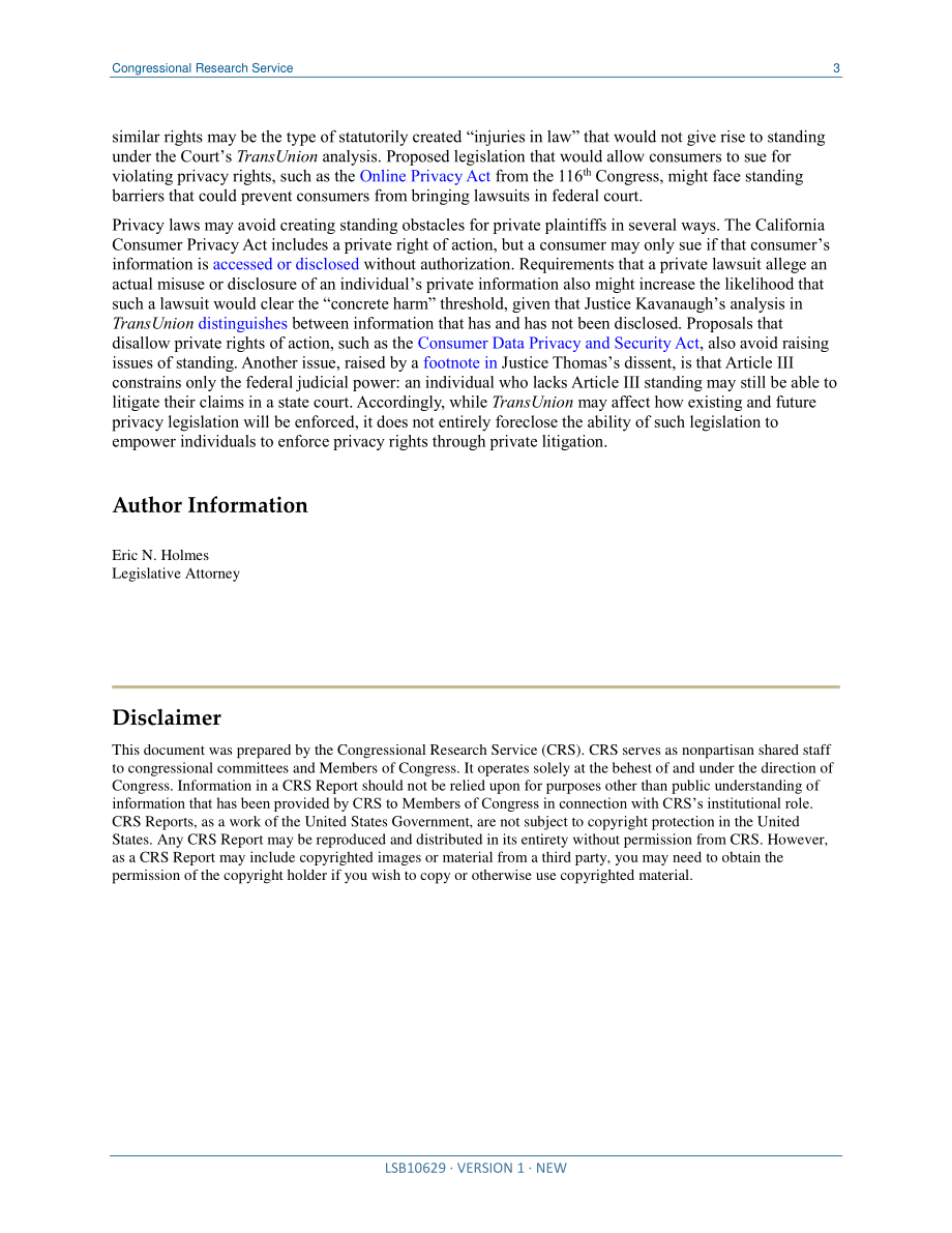 [20210722]LSB10629_隐私法和私人诉讼权：TransUnion诉Ramirez案后的立场.pdf_第3页