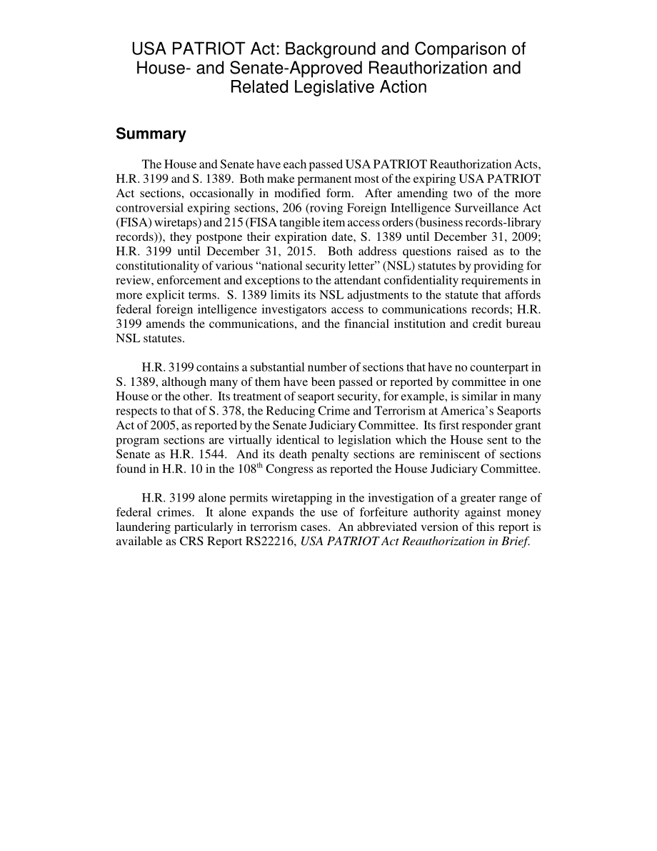 [20050915]RL33027_美国爱国者法案：众议院和参议院批准的再授权及相关立法行动的背景和比较.pdf_第2页