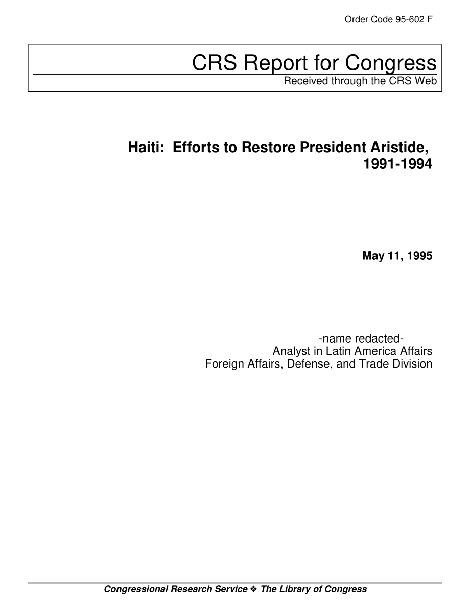 [19950511]95-602_海地：1991-1994年恢复阿里斯蒂德总统的努力.pdf_第1页