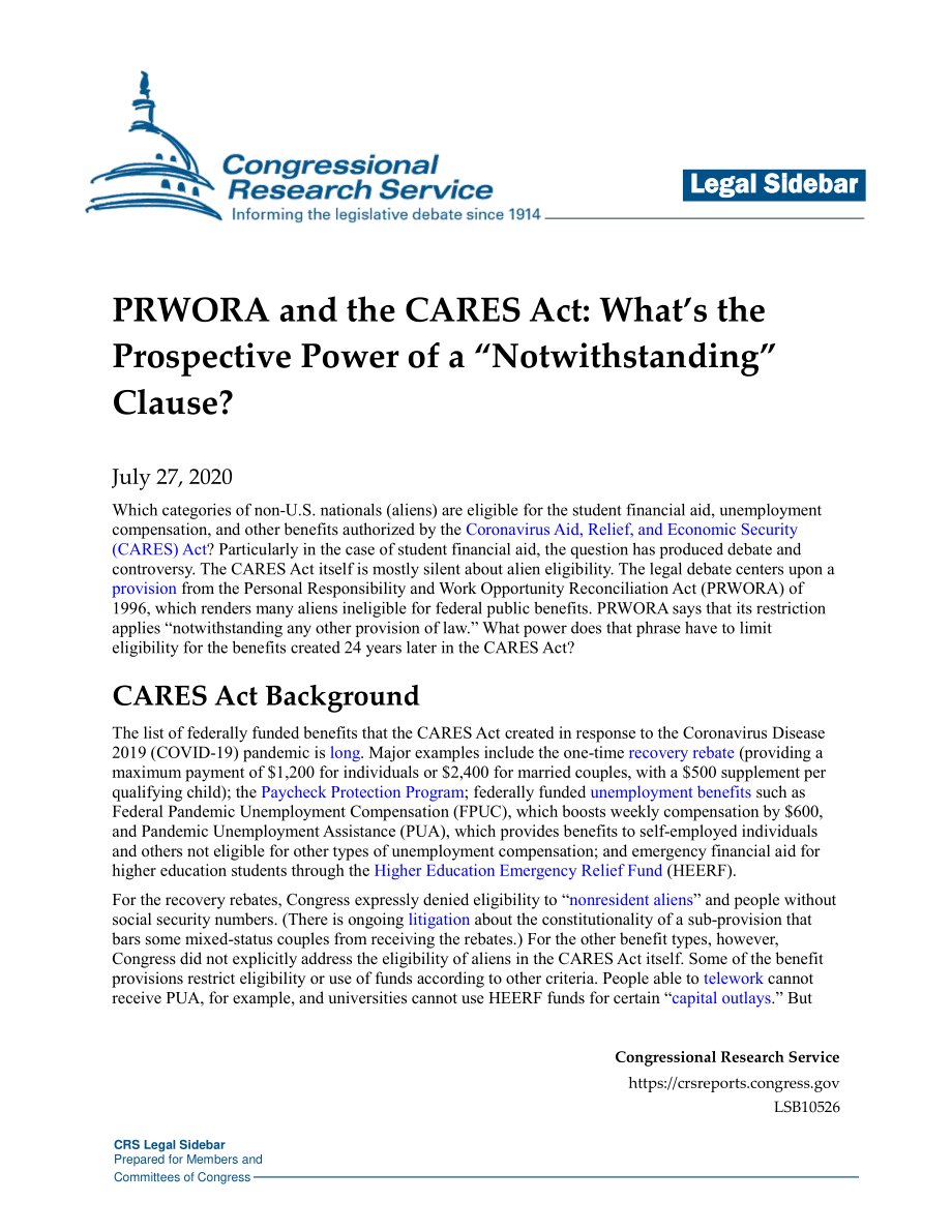 [20200727]LSB10526_PRWORA和关怀法案：“尽管”条款的潜在效力是什么？.pdf_第1页