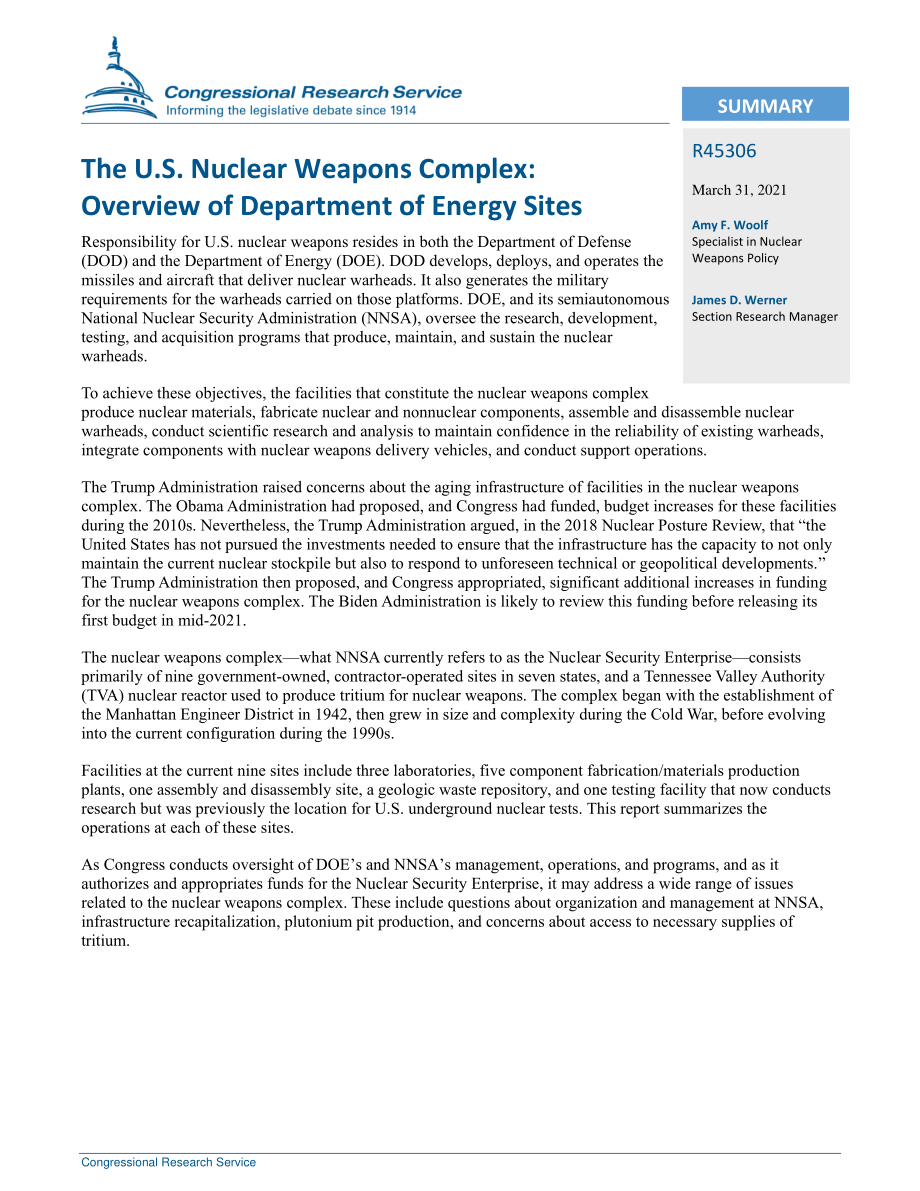 [20210331]R45306_美国核武器综合体：能源部现场概况.pdf_第2页