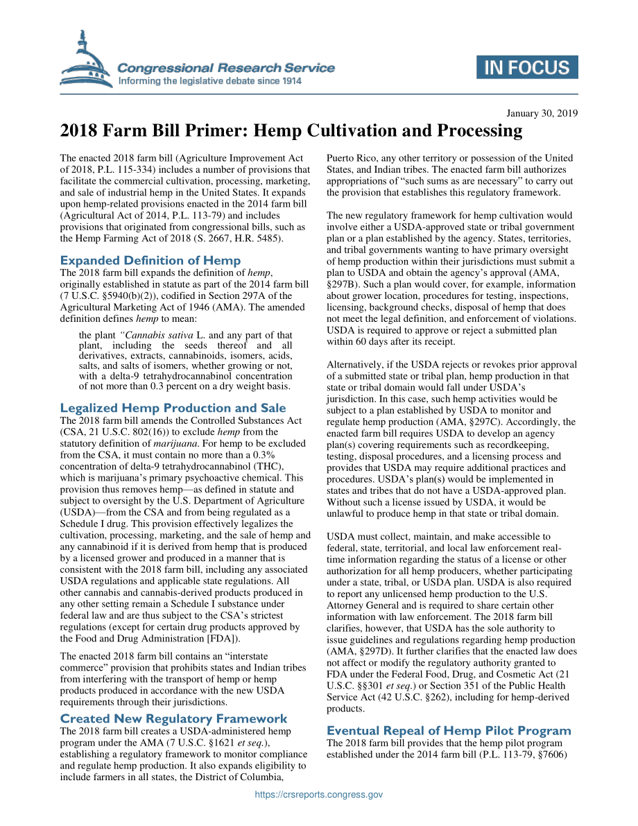 [20190130]IF11088_2018年农业法案入门：大麻种植与加工.pdf_第1页