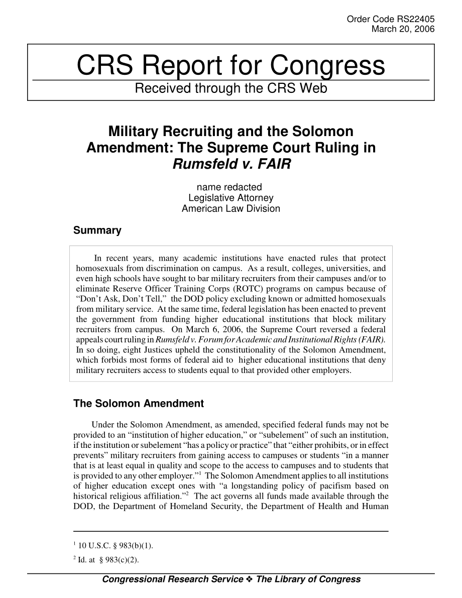 [20060320]RS22405_征兵和所罗门修正案：最高法院在拉姆斯菲尔德诉费尔案中的裁决.pdf_第1页