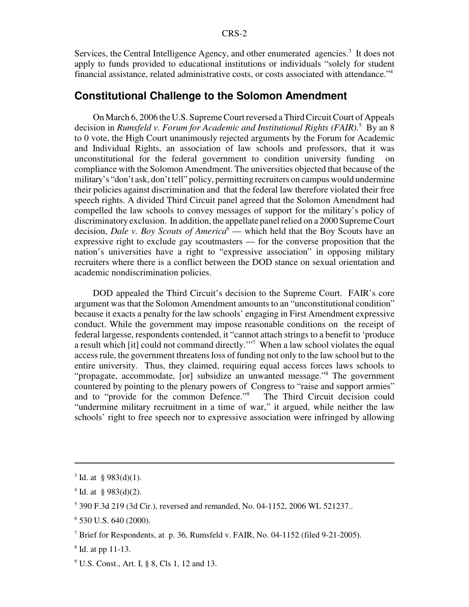 [20060320]RS22405_征兵和所罗门修正案：最高法院在拉姆斯菲尔德诉费尔案中的裁决.pdf_第2页