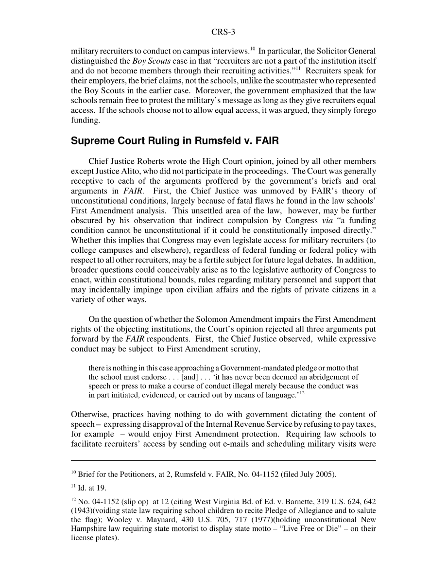 [20060320]RS22405_征兵和所罗门修正案：最高法院在拉姆斯菲尔德诉费尔案中的裁决.pdf_第3页