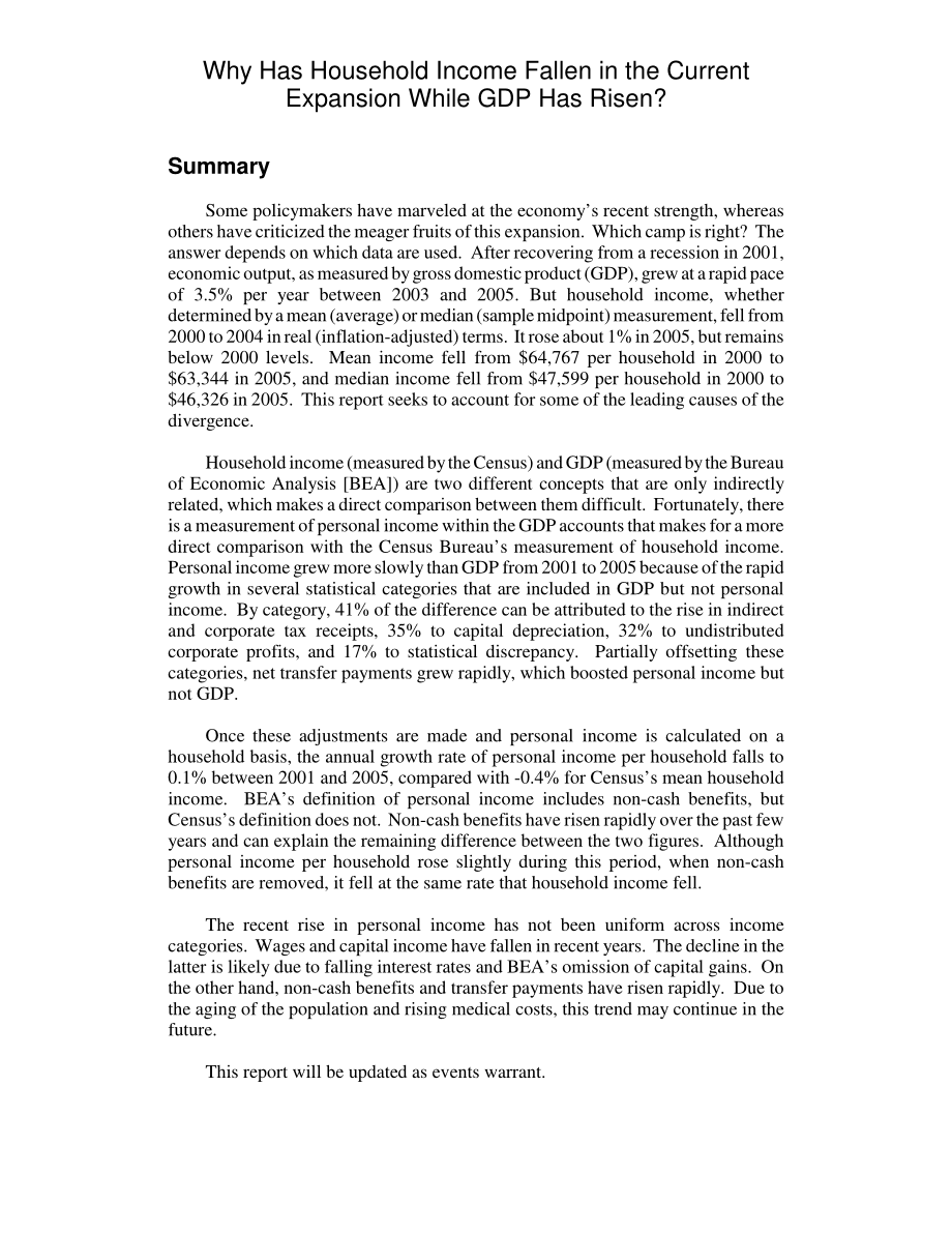 [20060830]RL33519_为什么家庭收入在当前的扩张中下降而GDP却上升了？.pdf_第2页