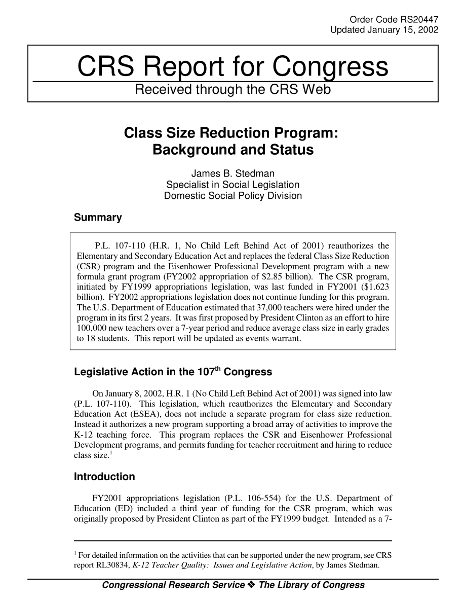 [20020115]RS20447_班级规模缩减计划：背景和状态.pdf_第1页